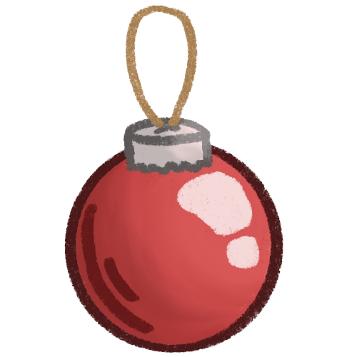 A red bauble with a gold string to hang it. 